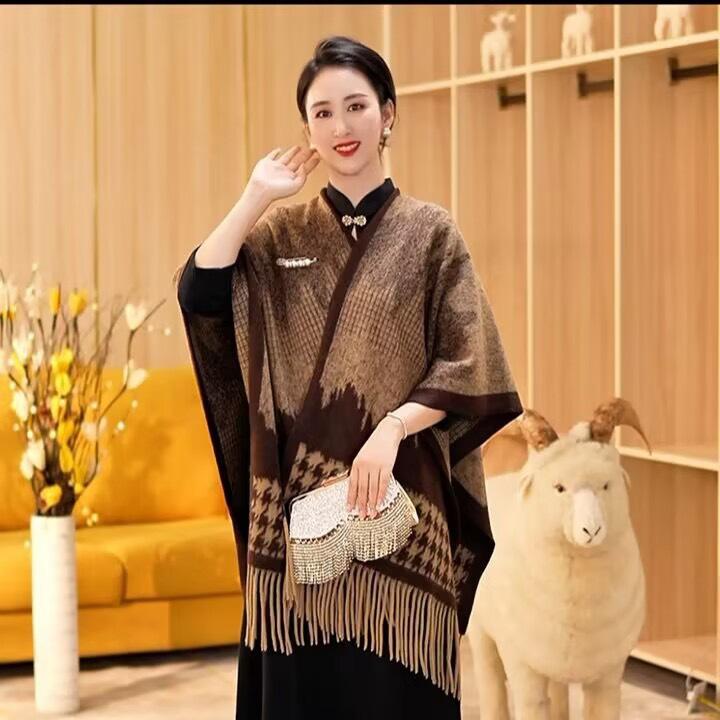 Осенне-зимняя шаль с бахромой, женская клетчатая накидка, кардиган большого размера, накидка, шарф, твидовый жакет