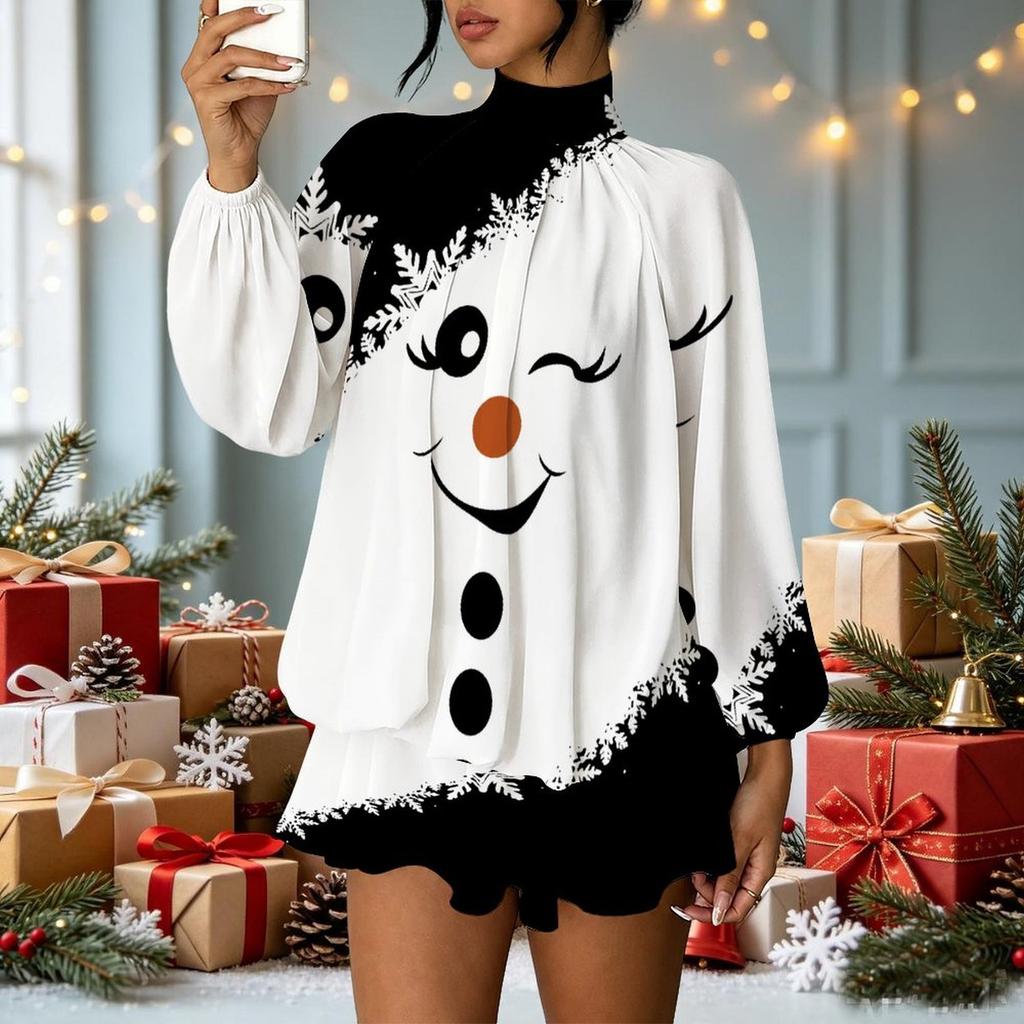 Женское мини-платье с 3D-принтом рождественских персонажей, высоким воротником и длинными рукавами, реглан, имитация двойки