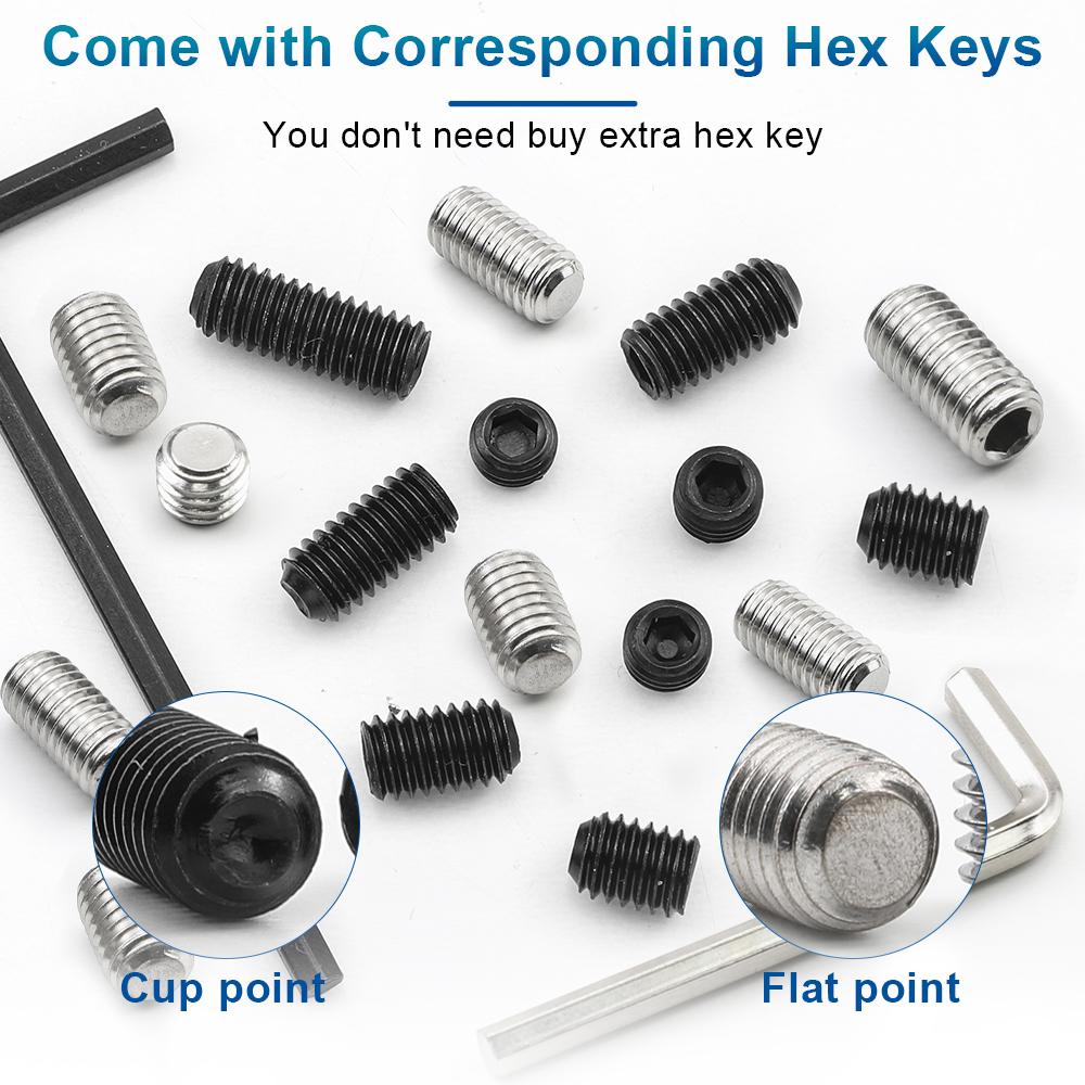 NINDEJIN Hex Socket Set Screw Kit Cup Point Carbon Steel Stainless Steel Flat Point Headless Grub Screw Assortment Kit