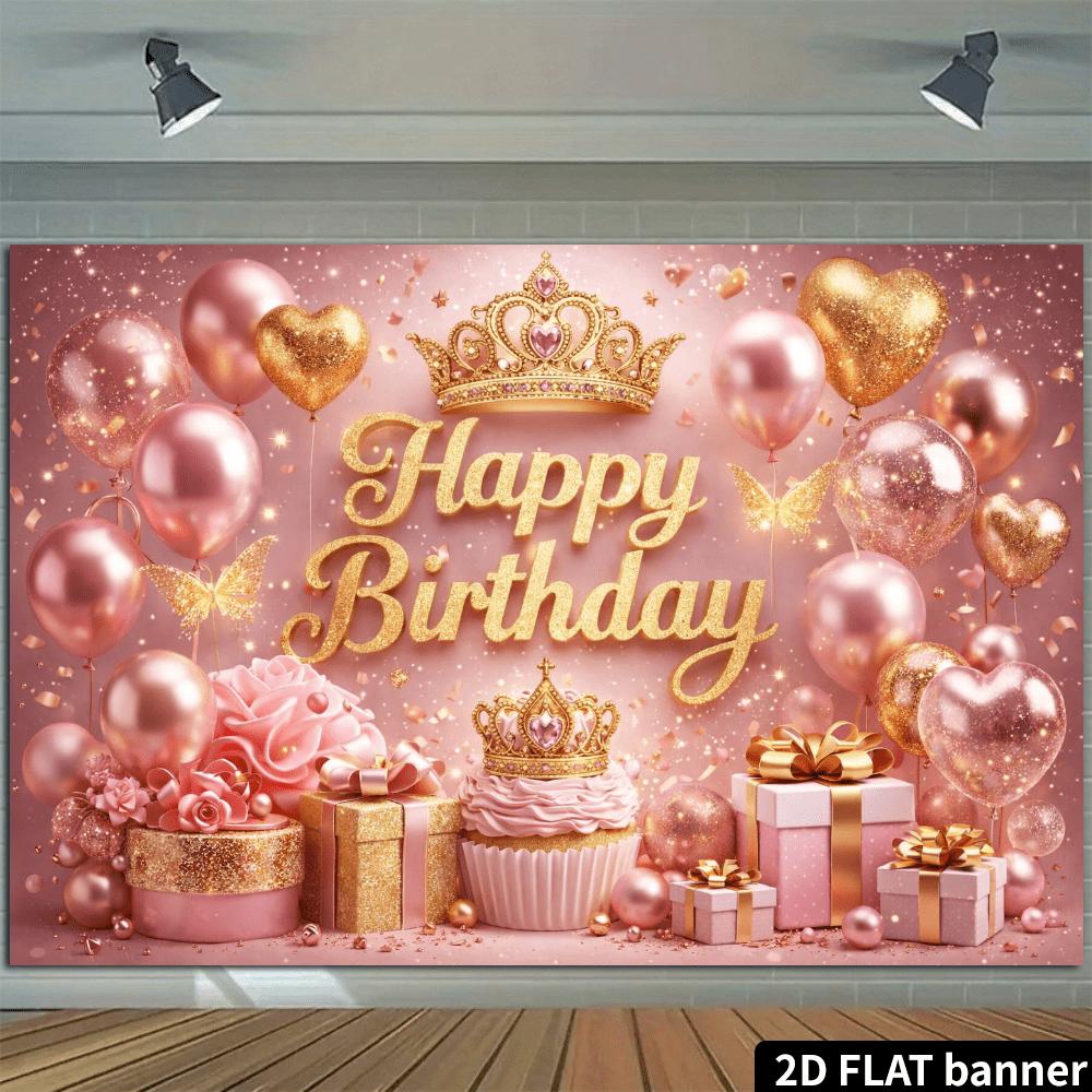 2D plane pink luxurious birthday party backdrop with a golden glittering "Happy Birthday" in the center.zyc
