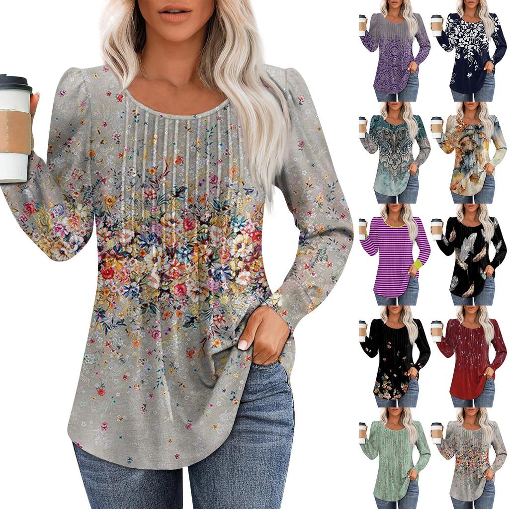 Women's Casual Top Gradient Printed Round Neck Long Sleeved Pleated T-shirt