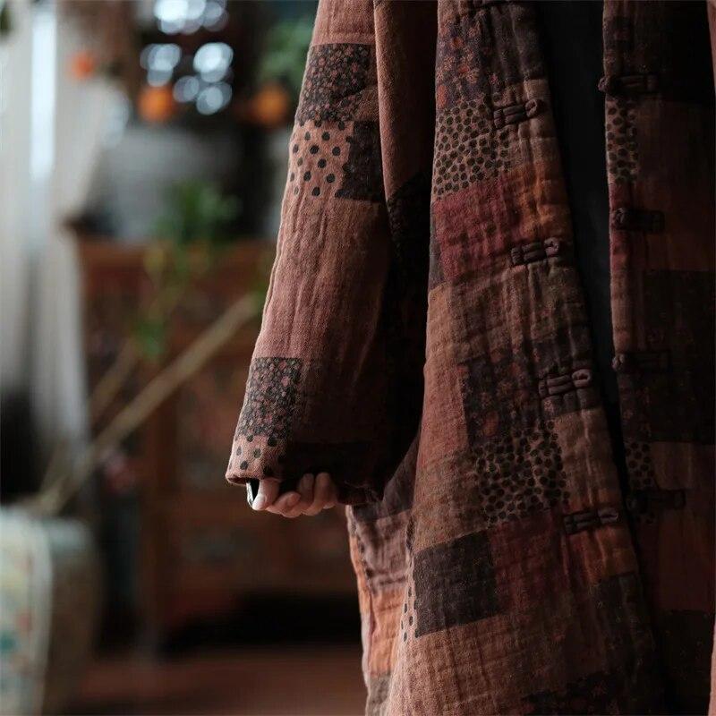 Johnature Женские винтажные зимние парки с v-образным вырезом и пуговицами, хлопковые пальто с длинными рукавами, женские длинные парки в китайском стиле