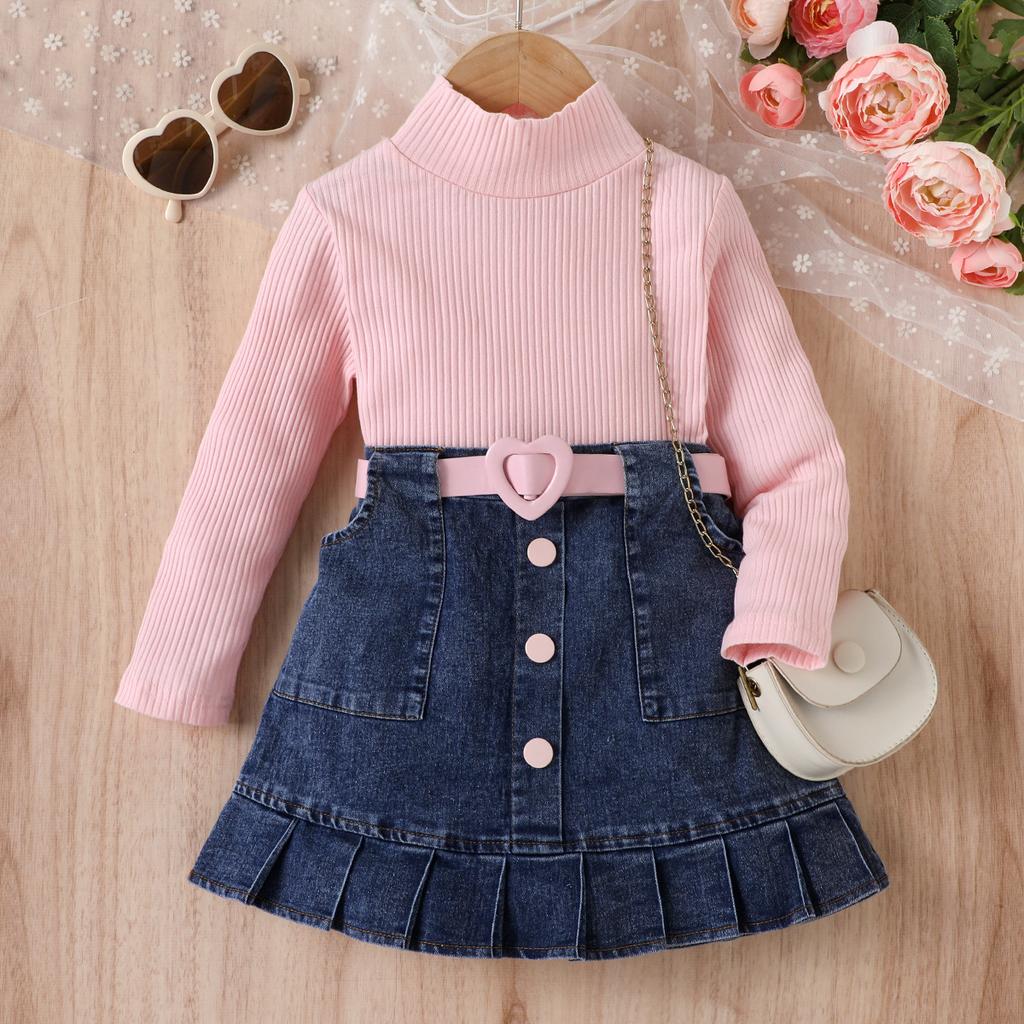Girls' Fashion Set, Summer Children's Casual Solid-color Long-sleeved Top, Denim Pleated Skirt Set