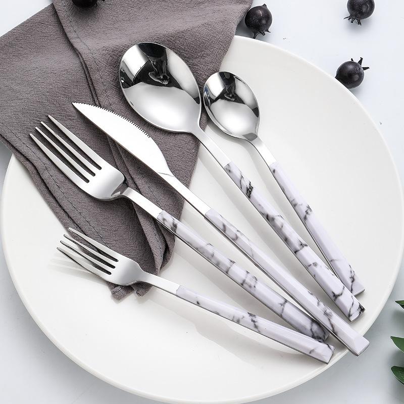 Нержавеющая сталь Высококлассная столовая посуда Мраморная ручка Серебряная десертная столовая ложка Западный нож для стейка Вилка Кухонные столовые приборы Посуда