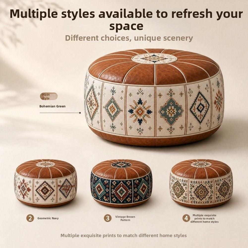 PU Leather Footstool Cover Boho Pattern Round Pouf Cover New Storage Ottoman Living Room