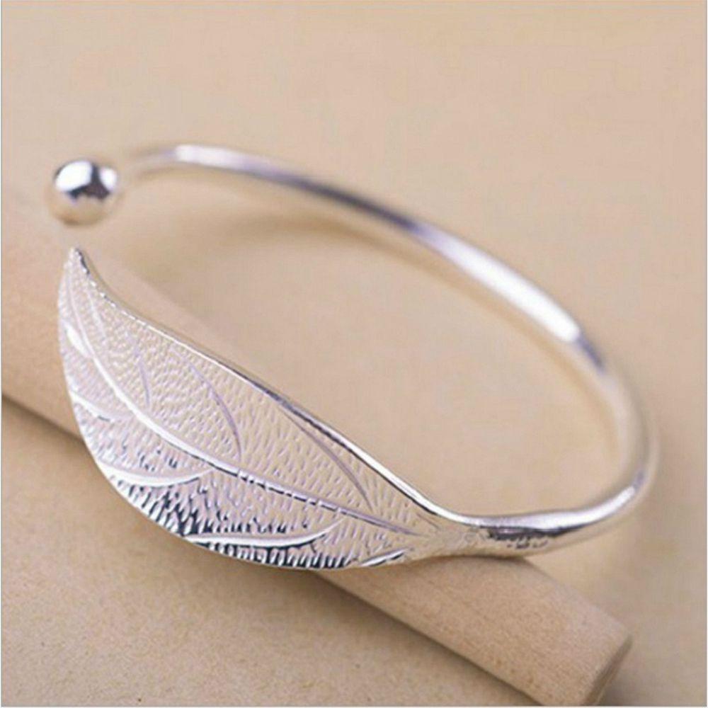 Gifts Crystal Fashion Cuff Bangle Leaves Bracelet 925 Sterling Silver Opening