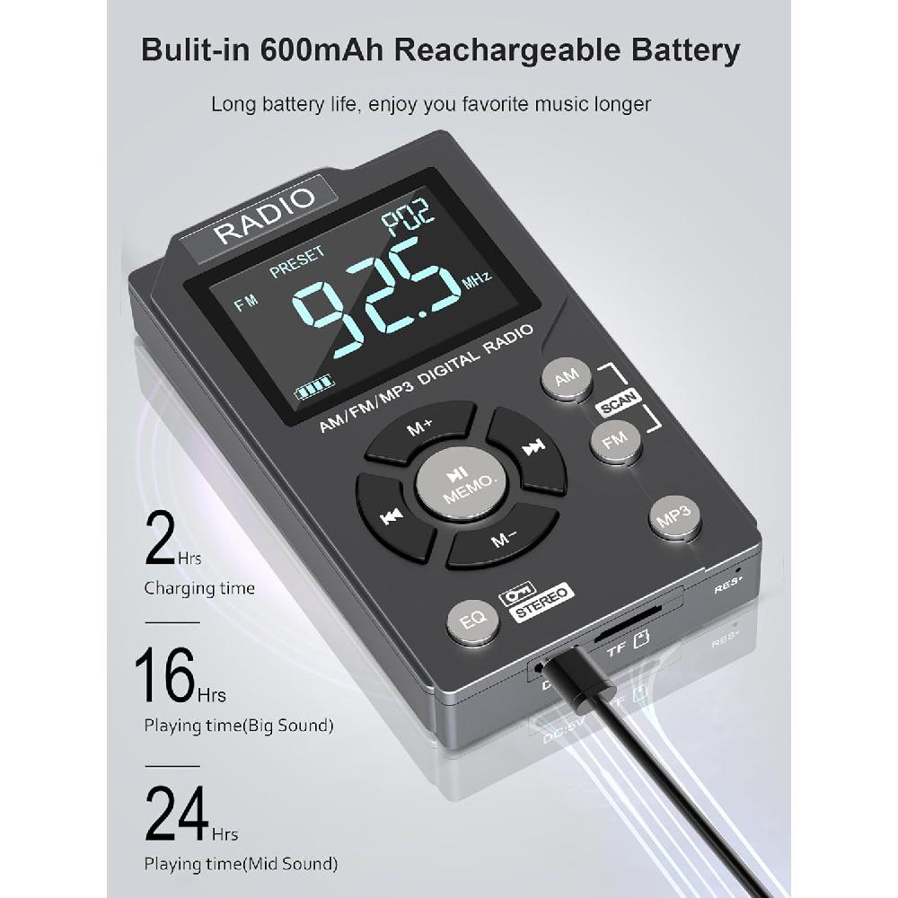 Цифровое AM FM-радио Портативное карманное радио, перезаряжаемый Walkman-радио на 600 мАч со стереонаушниками, поддержка TF-карты, большой ЖК-экран и экран блокировки