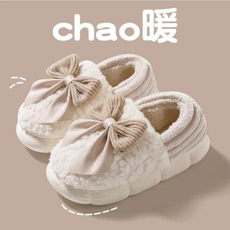 Модные женские ретро-модные хлопковые тапочки с бантом, женские осенне-зимние домашние тапочки для помещений 2025, теплые, мягкие, плюшевые, хлопковая обувь для девочек