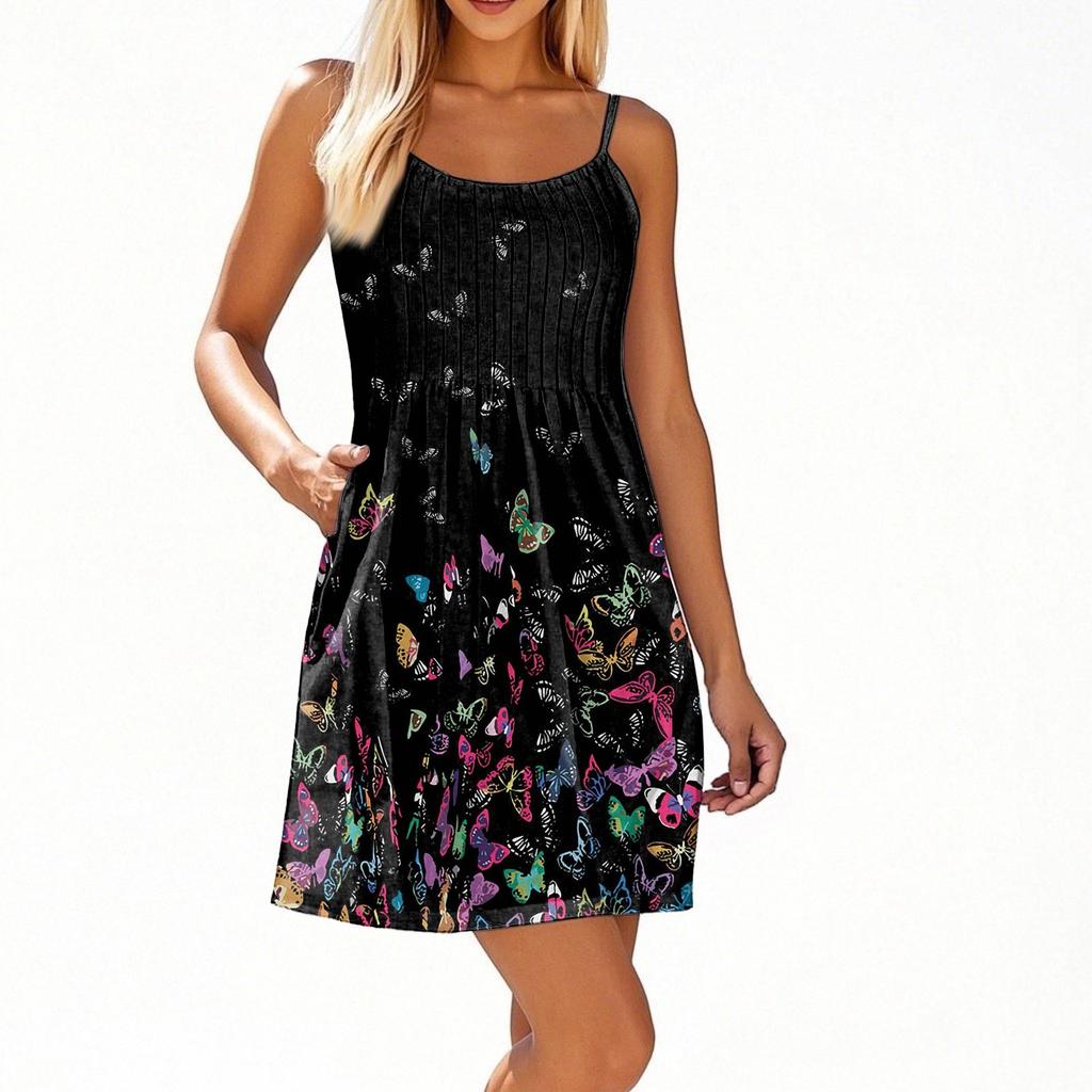 Fashion Women Summer Dress Vintage Floral Print Adjustable Spaghetti Straps Beach Vacation Casual Dress With Pockets