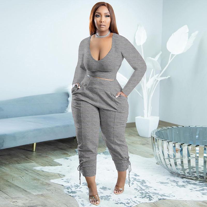 European & American Plus Size V-Neck Solid Color Casual Two-Piece Legging Suit for Women
