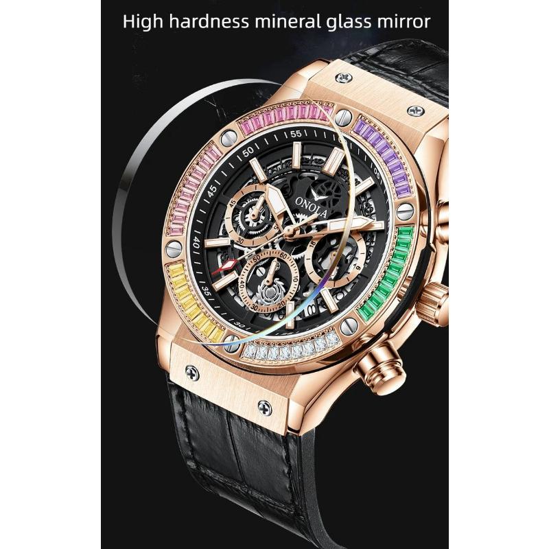 ONOLA Fashion Leather Unique Diamond Timing Watch Men's Multi Functional Cool Night Light Quartz Sports Watch Reloj Hombre