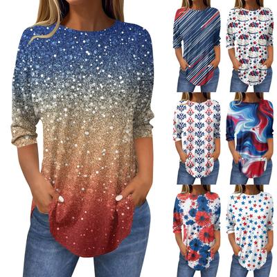 Женские топы с рукавами 3/4, летние футболки с принтом и круглым вырезом, повседневные базовые футболки с пуговицами, туники