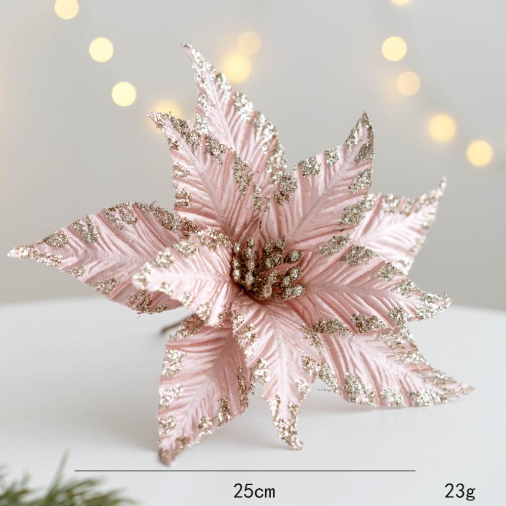 New Fabric Plastic Christmas Artificial Flowers 25cm DIY Decoration Fake Flower Ornaments Glitter Poinsettia Xmas