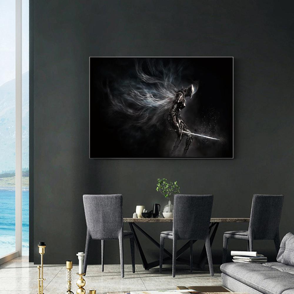 Черная душа Темный самурай Черный фон Абстрактное искусство Холст Картина Винтаж Портрет Сюрреализм Плакаты Печать Гостиная Домашний декор стен Фотографии