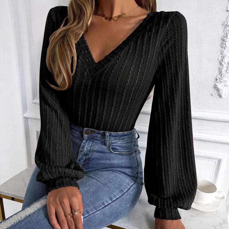 Plus Size V-Neck Puff Sleeve Blouse Womens Loose Long Top Office Casual Wear
