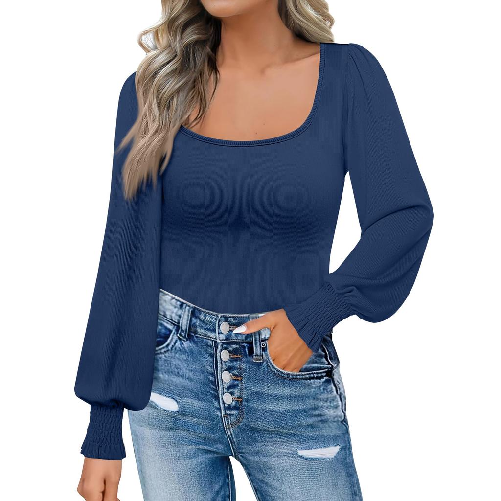 Women's Fashion Casual Square Neck Slim Bubble Long Sleeve Solid Color Top