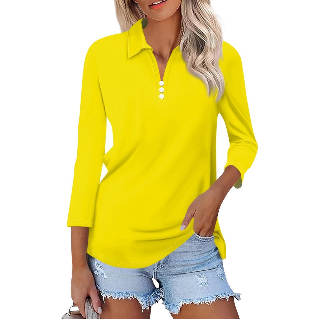 Women's Fashion Casual Lapel 3/4 Sleeve Shirt Women's Button Up Tops