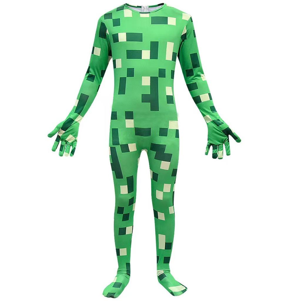 Minecraft Cosplay Costume Halloween Party Green Children'S One-Piece Bodysuit Glow-Up Head Set