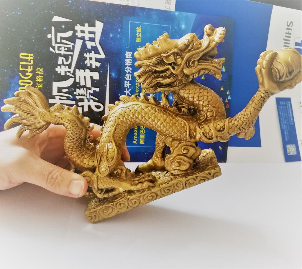 Copper Dragon Figurine Holding a Ball Chinese Feng Shui Good Luck Amulet