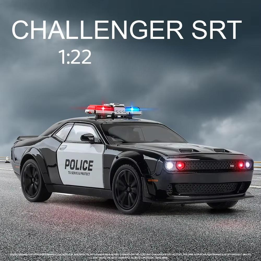 LYZRC 2024 New Scale 1:22 Hell Cat Challenger SRT Police Car Model Toys Alloy Diecast 4 Doors Opened Sound Light Pull Back Vehicle Gift for Kid