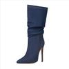 Denim Autumn Winter Shoes Pointed Toe Stiletto High Heels Keep Warm Fashion Pleated Mid-calf Boots
