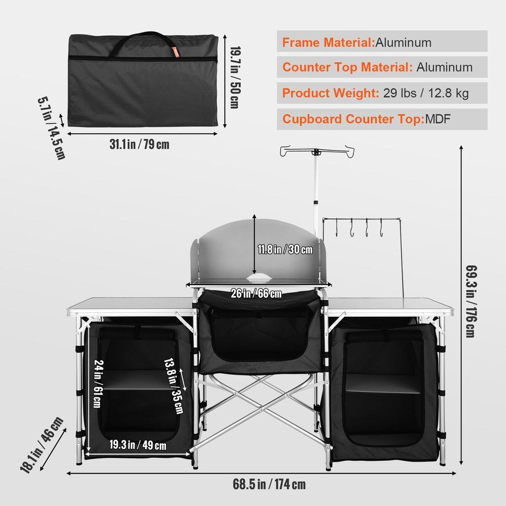 Camping Kitchen Table, Folding Outdoor Cooking Table with Storage Carrying Bag, Aluminum Cook Station 3 Cupboard & Detachable Windscreen, Quick Set-up