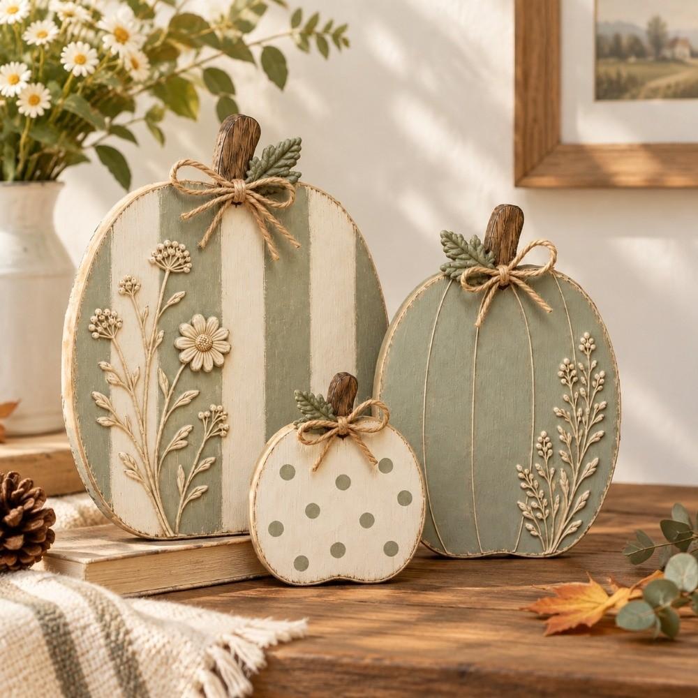 3 pcs Autumn Harvest Wildflower Pumpkin Figurine Dots Flower Halloween Ornaments Farmhouse Decor