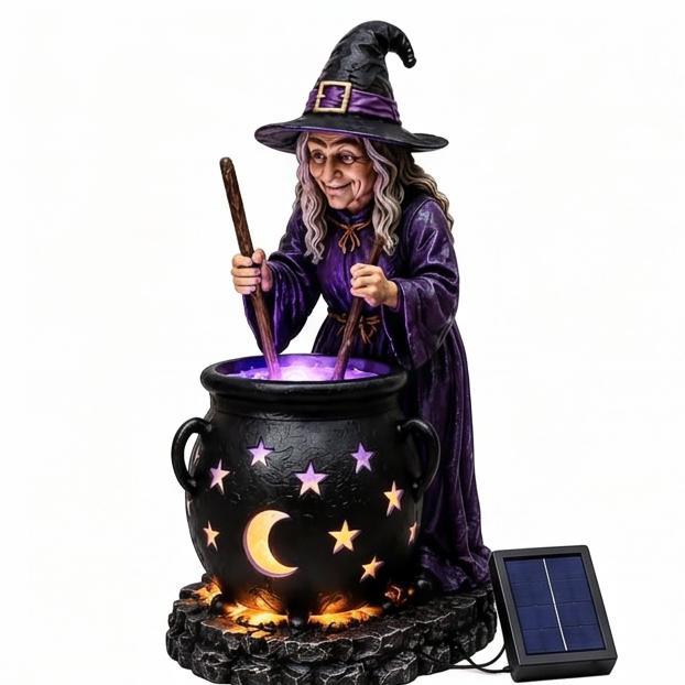 Solar Witch Garden Light with Glowing Cauldron Solar Powered Resin Figurine Outdoor Halloween Yard Statue for Garden Patio Lawn Decorations