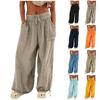 Женские пляжные льняные брюки широкие гаремы высокая талия пуговица кулиска палаццо свободные большого размера с карманом