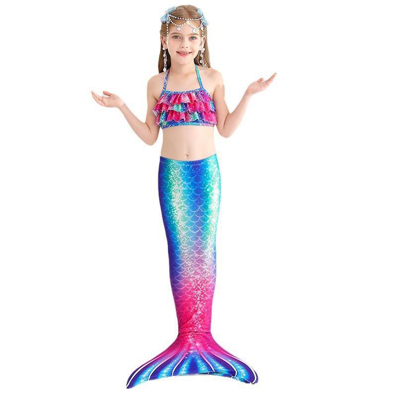 Girls Mermaid Themed 3-Piece Beach Swimsuit Set Toddlers Sweet Style Triangle Bikini 110-150cm