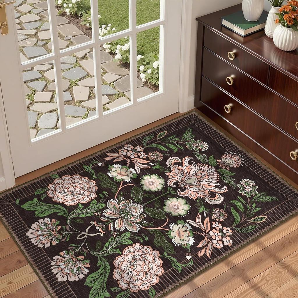Vintage Peony Floral Pattern Entrance Rugs Creative Elegant Flower Doormat Indoor Outdoor Carpet Soft Nonslip Washable Floor Mat