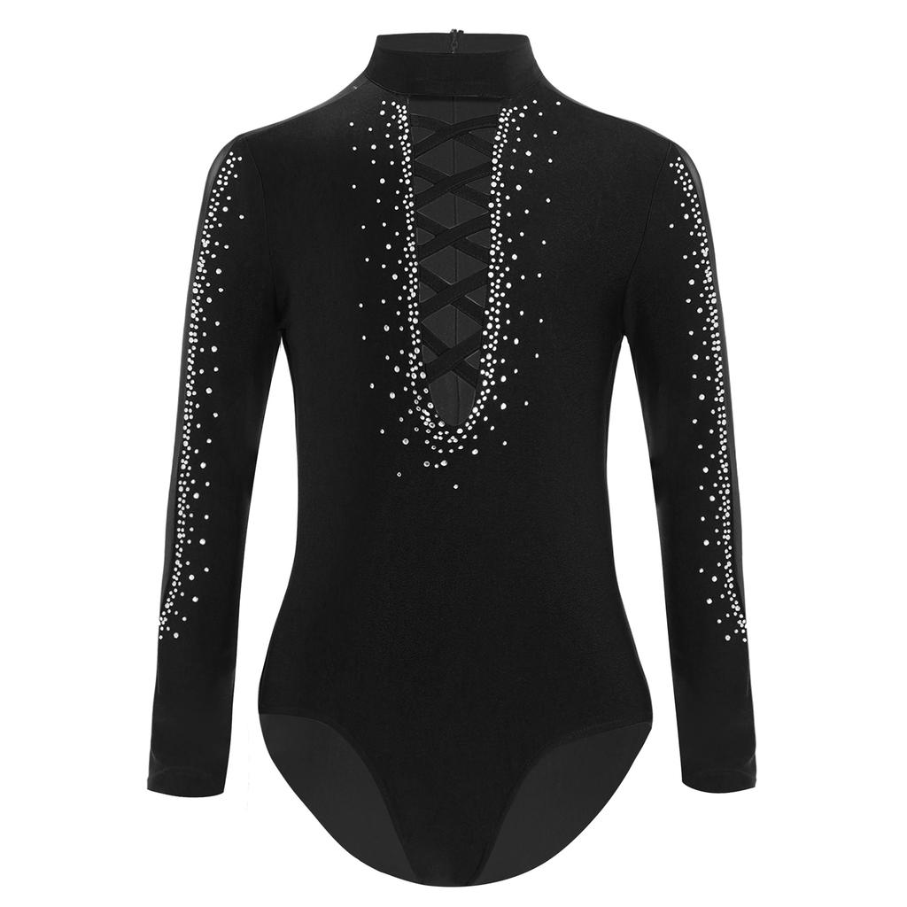 Boys Glittery Rhinestones Dance Leotard Mesh Patchwork Long Sleeve Crisscross Strappy Front Bodysuit for Stage Performance