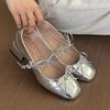 Sweet Bowknot Silver Mary Jane Shoes Women Patent Leather Thick Heels Pumps Woman 2025 Spring Ankle Buckle High Heels Shoes