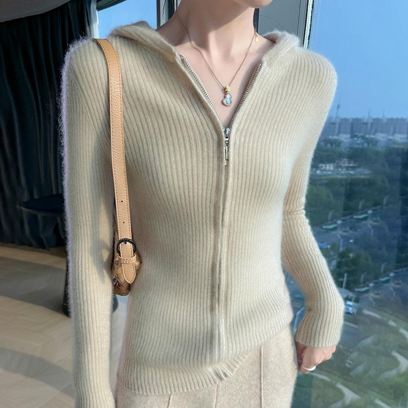 Women's Slim Fit Cashmere Wool Hooded Cardigan - 100% Pure Wool, Zippered, Autumn/Winter Knit Sweater Coat
