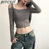 Summer Women's Solid-Colour Slim-Fit Cropped Streetwear Off-the-Shoulder Long-Sleeved T-Shirt