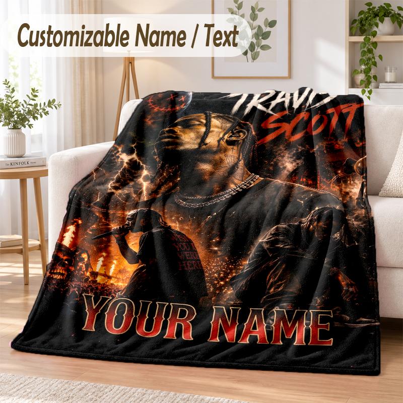 Travis Scott Custom Name Flannel Throw Blanket Soft Warm for Sofa Bed Indoor Home Use