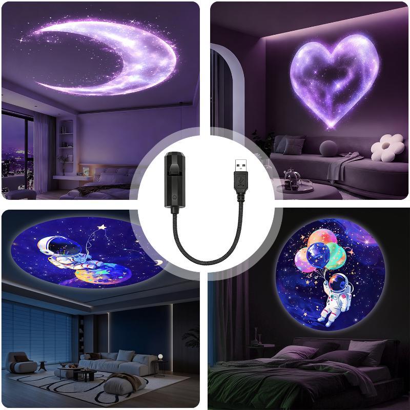 New LED USB Projector Light 8pcs Planet Hearts Moon Astronauts Projection Patterns Ceiling Decorative Night Light