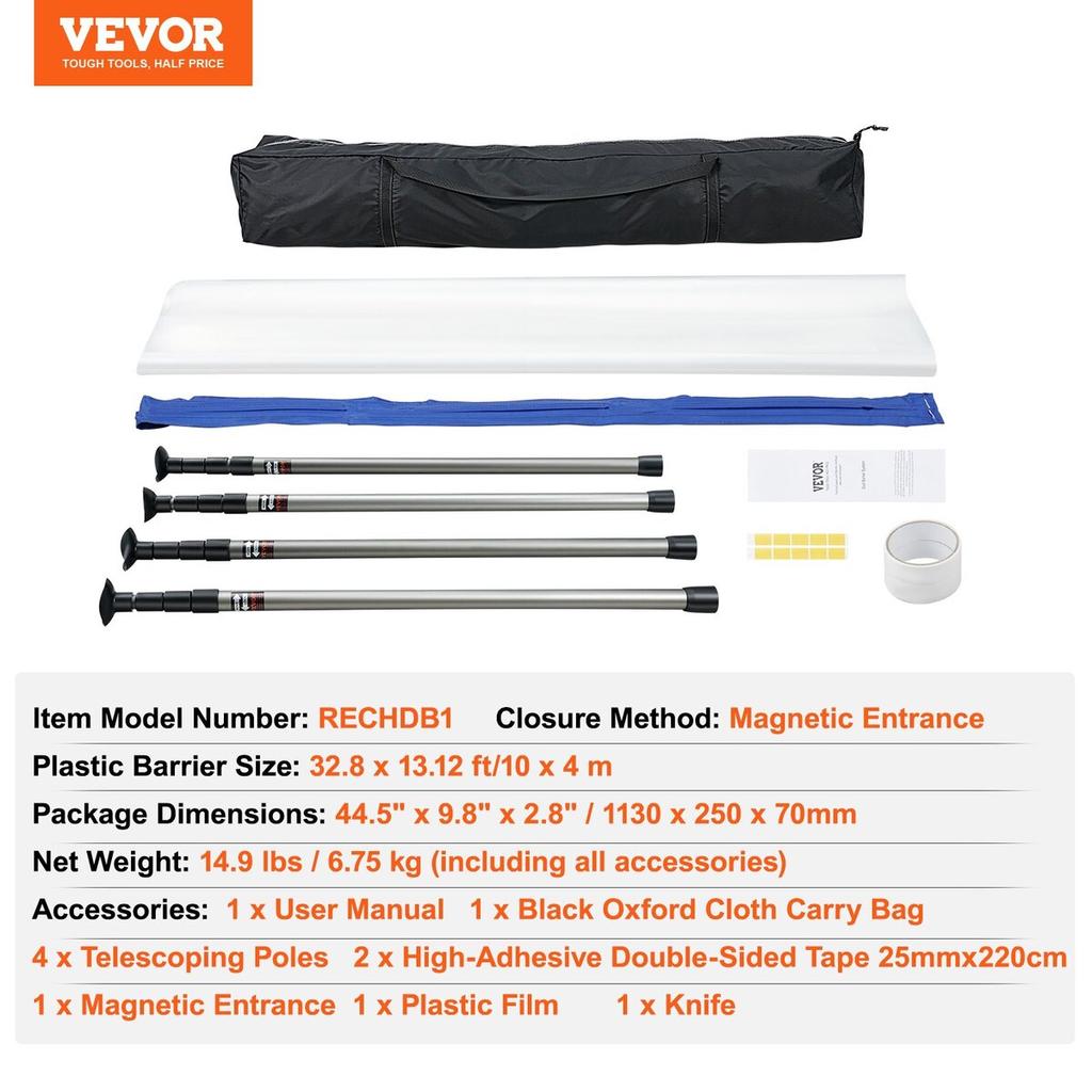 Dust Barrier Poles, 10 Ft Barrier Poles, Dust Barrier System with 4 Telescoping Poles, Magnetic Zipper, Carry Bag and 32.8x13.12 Ft Plastic Film, for