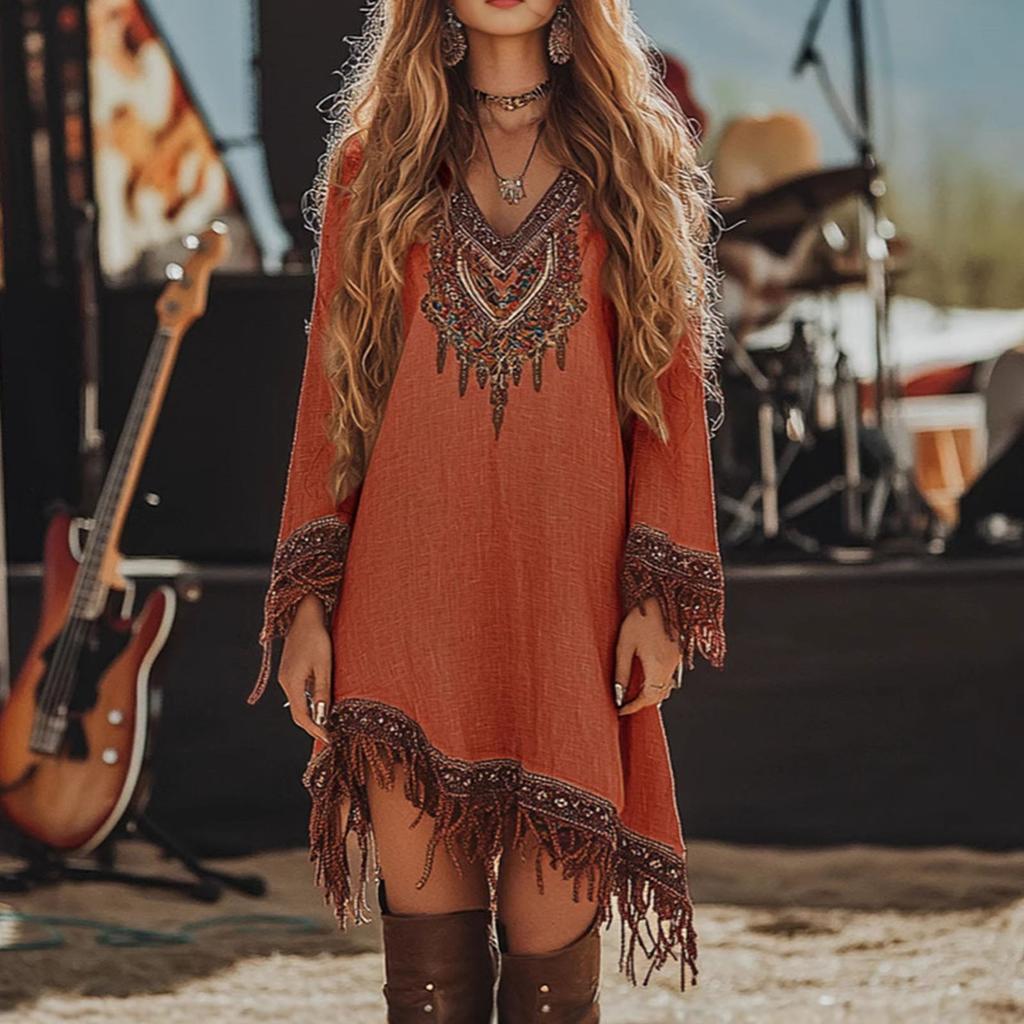 Womens Summer Dress Fashion Casual Fit Flowy Lace Loose Print Long Sleeve V Neck Dress