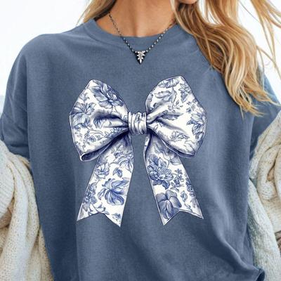 Ретро-свитшот с кокетливым бантом, Свитшот с синей лентой в стиле Toile De Jouy, Девчачья эстетичная футболка, Унисекс футболка с принтом