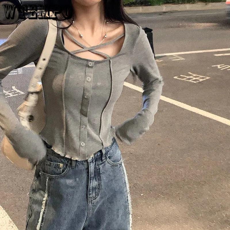 WTEMPO Y2K рубашки с длинным рукавом женские Harajuku корейские тонкие рыжие серые топы женские однотонные повседневные футболки с длинными рукавами уличная одежда