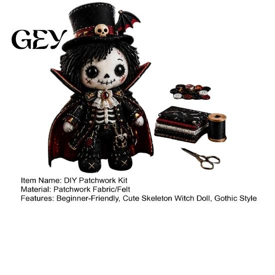 Gothic Style Craft Kit Skeleton Witch Patchwork Kit, Girl Doll DIY Step-by-step Sewing Tutorial Halloween for Adults Teens Handmade Gift Creative