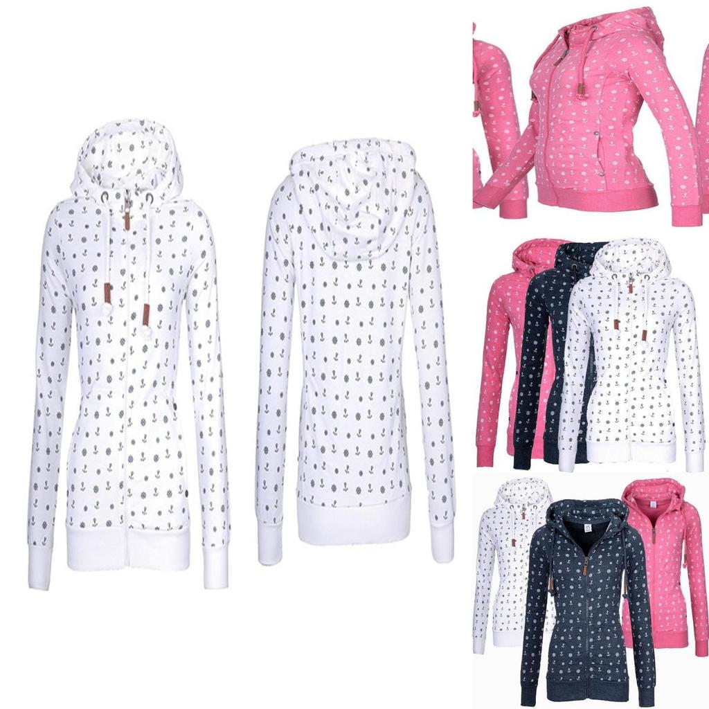 Luxurious And Soft Women's Hooded Fleece Hoodie With Sea Anchor Print And Zipper