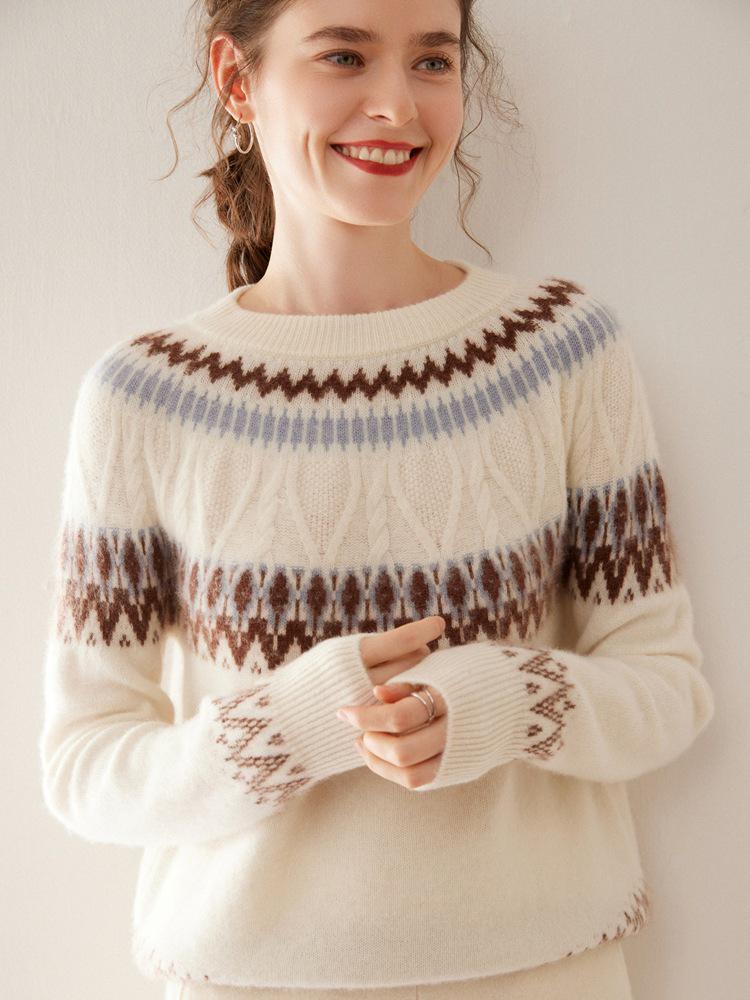 Женский кашемировый свитер жаккардовой вязки Fair Isle: Уникальный Color Block, Круглый вырез, Свободный крой, Утепленный трикотаж для Осени/Зимы.
