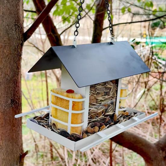 Металлическая кормушка для птиц, устойчивая к жеванию, подвесная кормушка для птиц на открытом воздухе, легко наполняемая кормушка для диких птиц с насестом для крыльца сада и двора