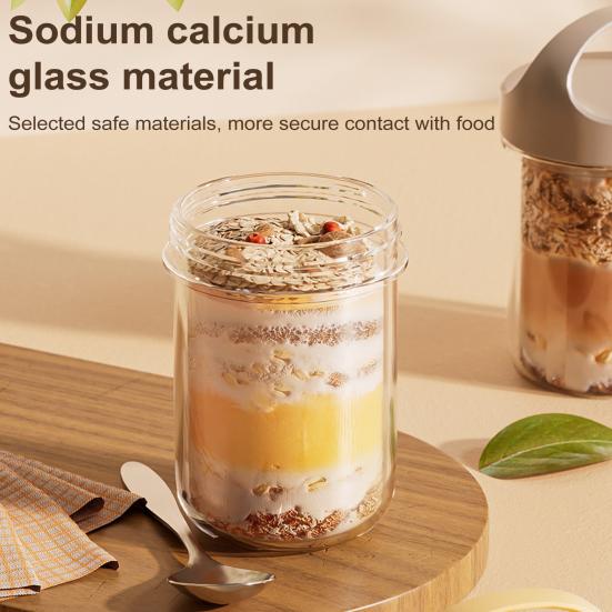 Стеклянная чашка для овсянки емкостью 430 мл с ложкой и крышкой. Герметичный контейнер для овсяных хлопьев без бисфенола-А на ночь для хлопьев, салатов, йогуртов. Банка для приготовления еды для здоровых завтраков.