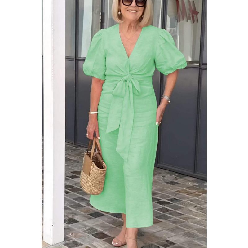 Женское весенне-летнее платье из хлопка с V-образным вырезом, на шнуровке, с рукавами-фонариками, повседневные платья