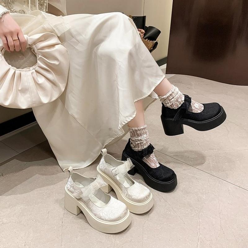 Chinese Style Mary Jane Shoes Women's Platform Lace Bow Round Head Chunky Heel Pumps