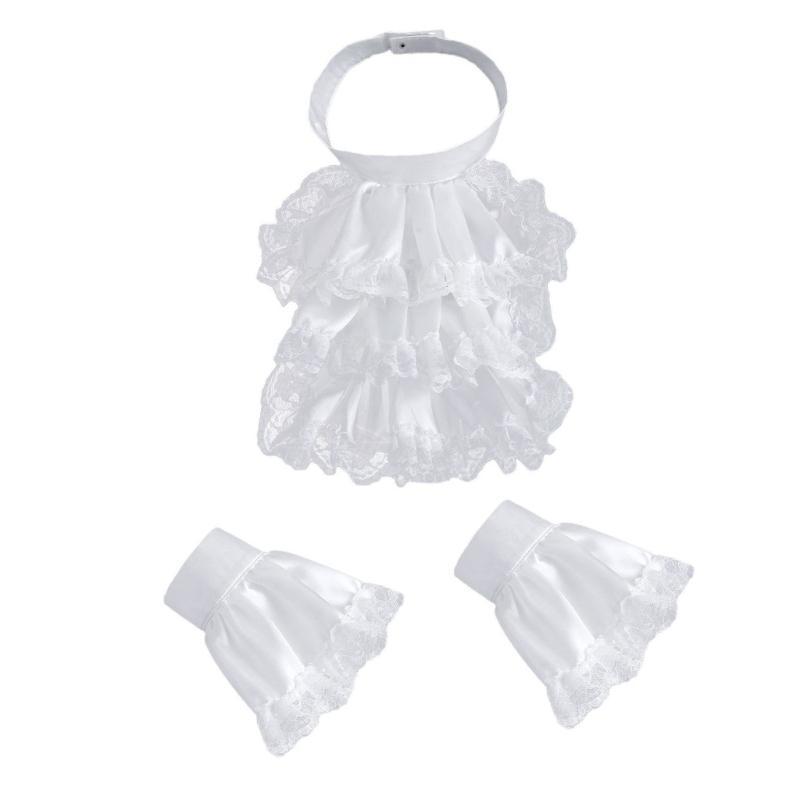 G5AE Victorian Colonial Jabot Set Ruffled Lace Necktie Collar with Wrist Cuffs Set