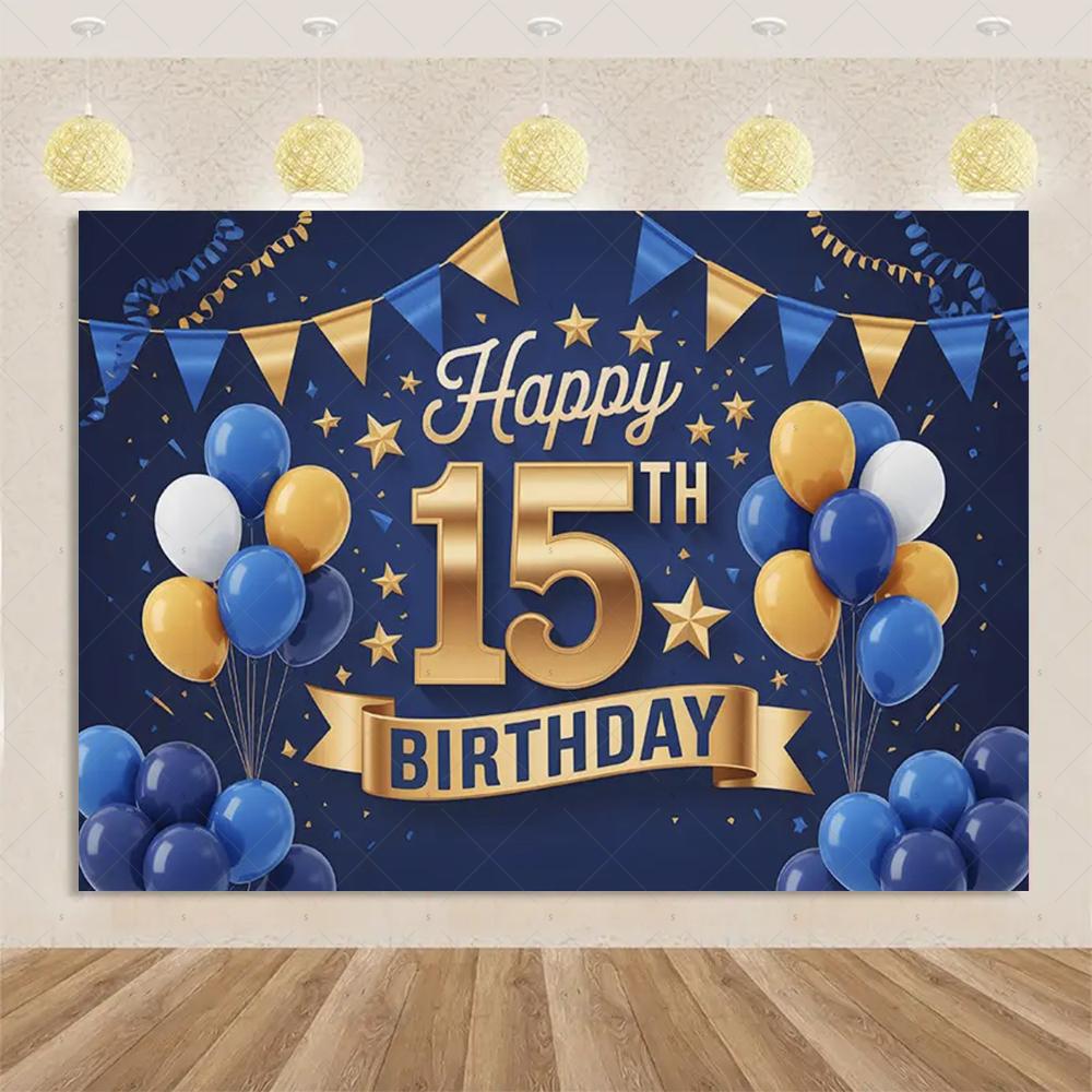 15th Birthday Theme Backdrop Black Gold Glitter Balloon for Women Men Boy Girl Party Decorations Balloon Banner Photography Prop